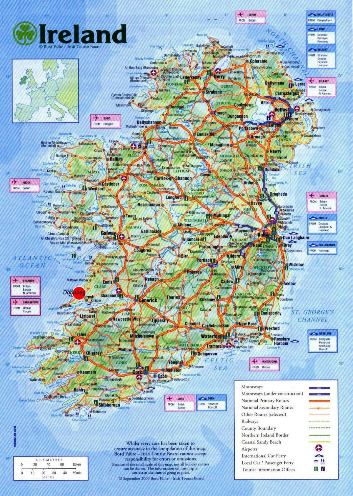 نقشه از ایرلند نشان دادن جاذبه های توریستی