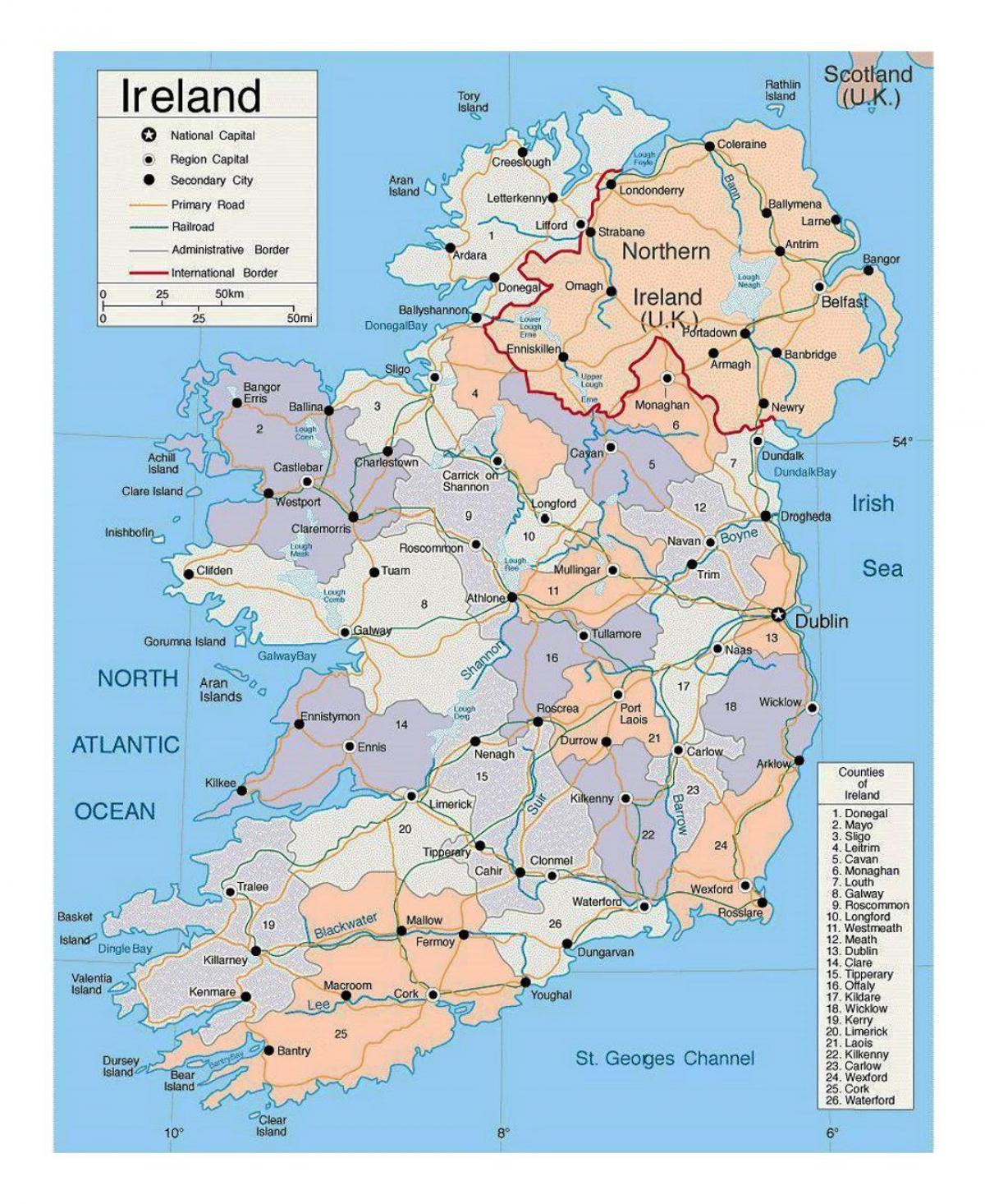 نقشه از ایرلند با شهرستانها
