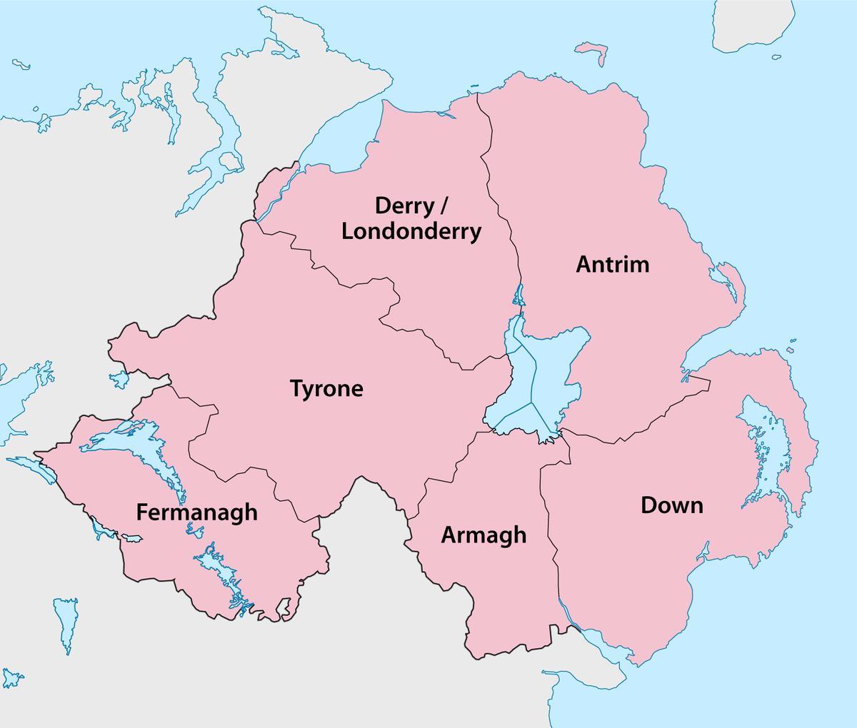 نقشه ایرلند شمالی, استان ها و شهرها
