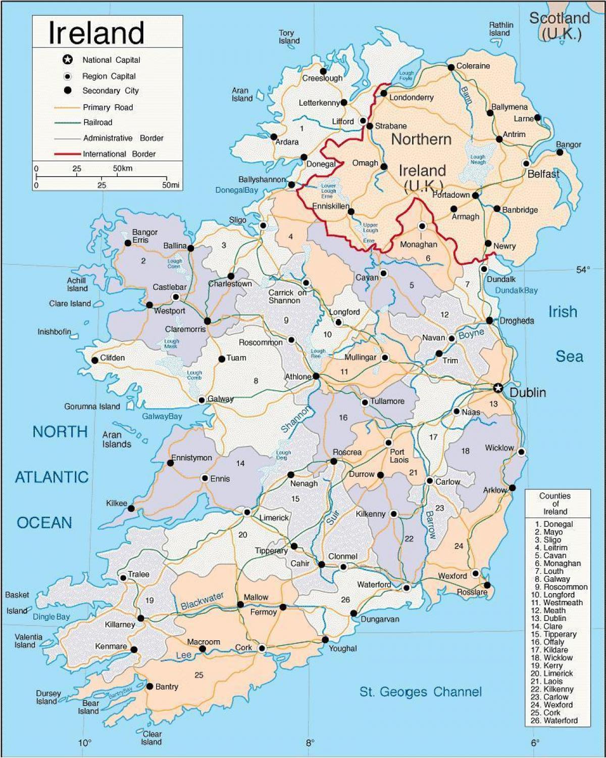 نقشه از ایرلند نشان دادن شهرها